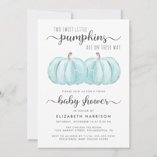 Pumpkin Blue Twin Baby Boys Dusche Einladung (Vorderseite)