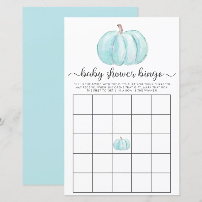 Pumpkin Blue Watercolor Bingo Baby Showspiel (Vorne/Hinten)