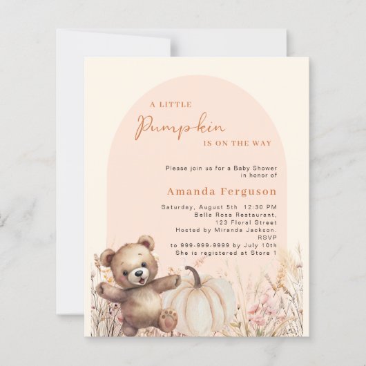 Pumpkin Blumenärgerteddy Baby Dusche Einladung (Vorderseite)