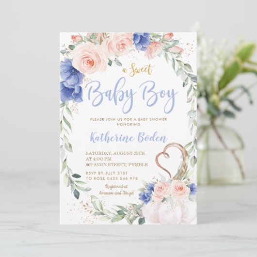 Pumpkin Blush Blue Floral Wreath Boy Baby Dusche Einladung (Stehend Vorderseite)