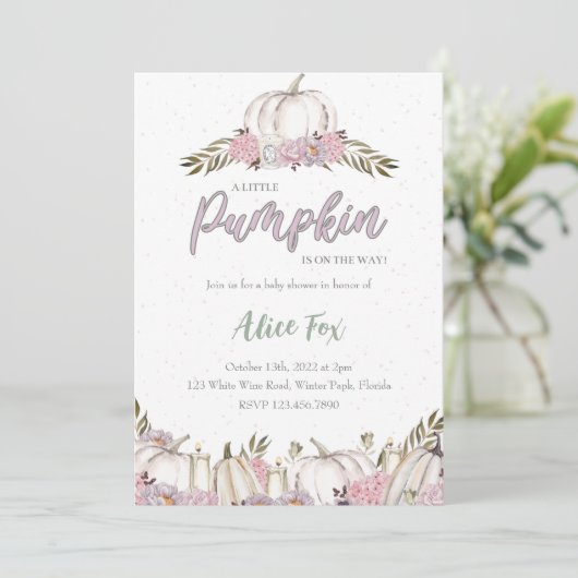 Pumpkin Blush Pink Baby Dusche Einladung Mädchen (Stehend Vorderseite)