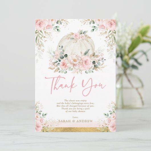 Pumpkin Blush Pink Gold Floral Fall Baby Dusche Dankeskarte (Stehend Vorderseite)