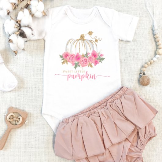 Pumpkin Blush Pink Gold Floral Fall Baby Girl Baby Strampler