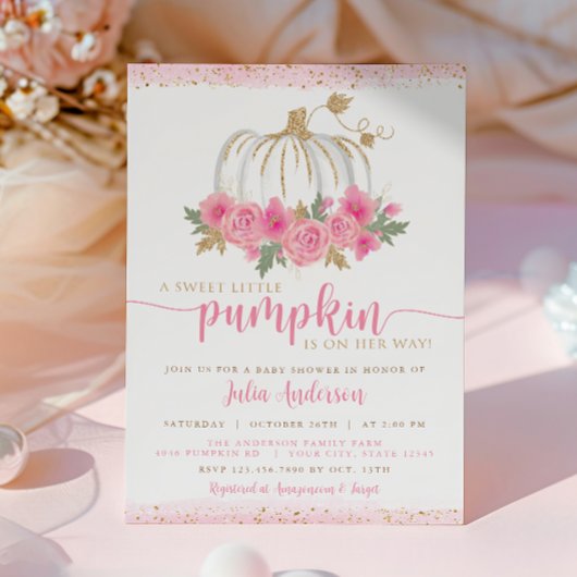 Pumpkin Blush Pink Gold Floral Fall Babydusche in Einladung