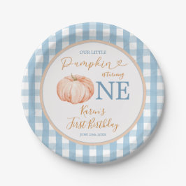 Pumpkin Boho Blue Gingham 1. Geburtstag Pappteller