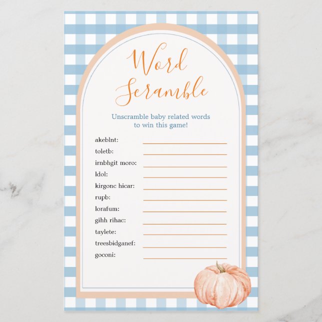 Pumpkin Boho Blue Gingham Word Scramble Game (Vorderseite)