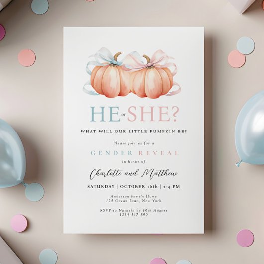Pumpkin Bow Pink Blue Gender Reveitation Einladung