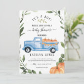 Pumpkin Boy Baby Dusche Einladung mit LKW (Stehend Vorderseite)