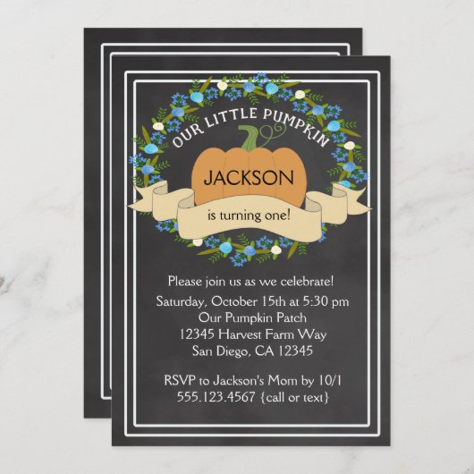 Pumpkin Boy Birthday Party Chalkboard Einladung (Vorne/Hinten)