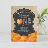 Pumpkin Boy Erstgeburt Einladung Blue Burlap (Stehend Vorderseite)