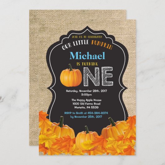 Pumpkin Boy Erstgeburt Einladung Blue Burlap (Vorne/Hinten)