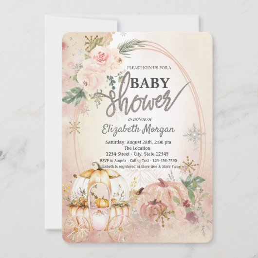 Pumpkin Carriage Blume Schneeflocken Kinderdusche Einladung (Vorderseite)