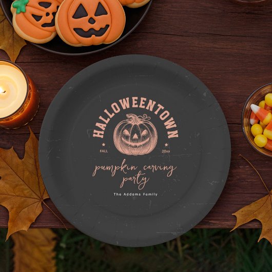 Pumpkin Carving Orange Black Halloween-Party Pappteller