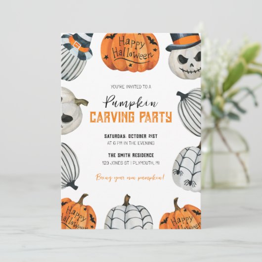 Pumpkin Carving Party Halloween Einladung (Stehend Vorderseite)