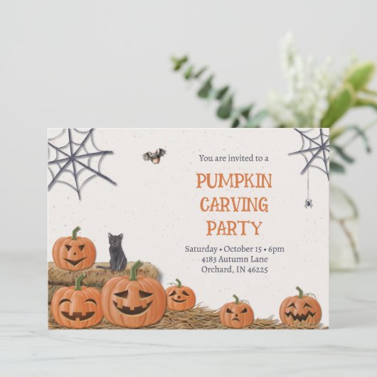 Pumpkin Carving Party Jack O'lantern Rustikal Einladung (Stehend Vorderseite)