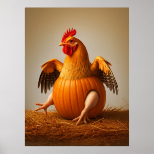 Pumpkin Chicken Art, Funny Chicken Wall Art Poster