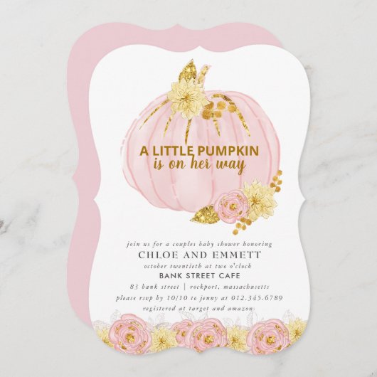 Pumpkin Couples Kinderdusche, rosa Gold Elegant Einladung (Vorne/Hinten)