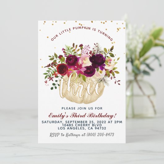 Pumpkin Dritter Geburtstag Einladung (Stehend Vorderseite)
