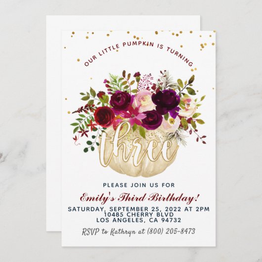 Pumpkin Dritter Geburtstag Einladung (Vorne/Hinten)