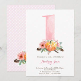 Pumpkin Dusky Pink Roses 1. Geburtstag Party Einladung
