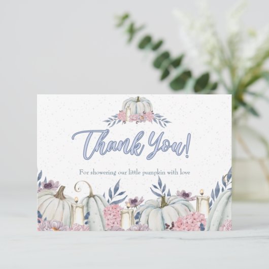 Pumpkin Dusty Blue Boy Baby Dusche Danke Karte (Stehend Vorderseite)