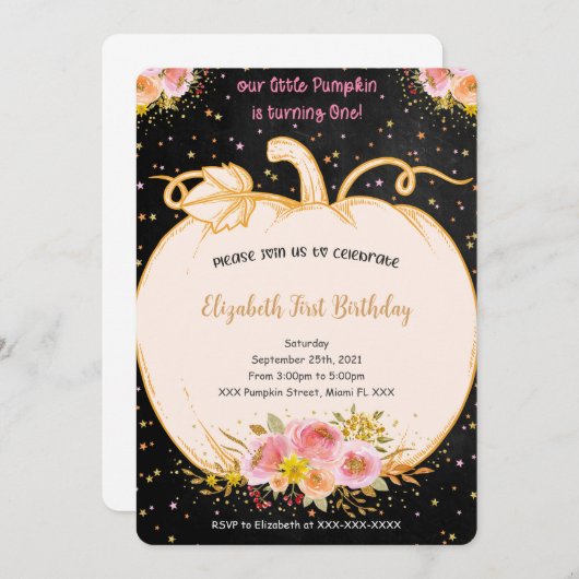 Pumpkin Einladung zum ersten Geburtstag (Vorne/Hinten)