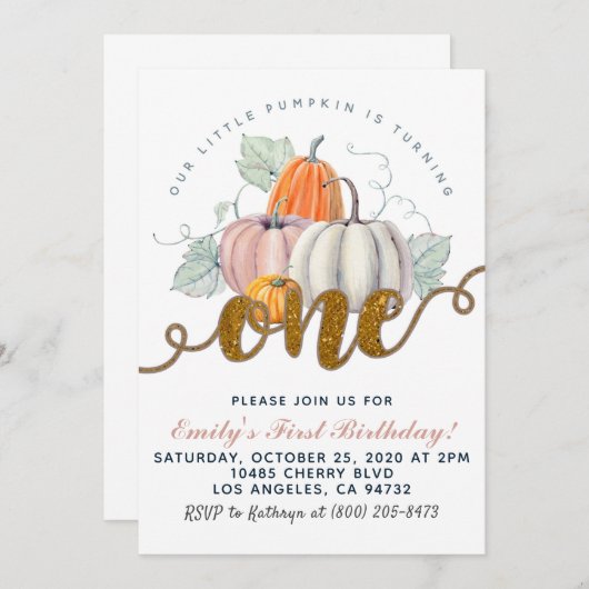 Pumpkin Einladung zum ersten Geburtstag (Vorne/Hinten)