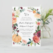 Pumpkin Elegant Fall Floral Rustikale Hochzeit Einladung (Stehend Vorderseite)