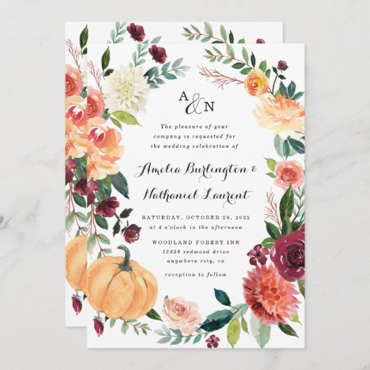 Pumpkin Elegant Fall Floral Rustikale Hochzeit Einladung (Vorne/Hinten)