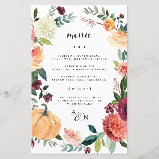 Pumpkin Elegant Fall Floral Wedding Menu Cards (Vorderseite)