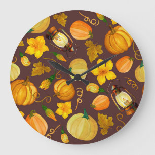 Pumpkin Ernte Autumn Watercolor Muster Große Wanduhr