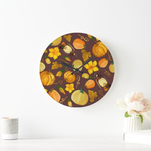 Pumpkin Ernte Autumn Watercolor Muster Große Wanduhr (Zuhause)