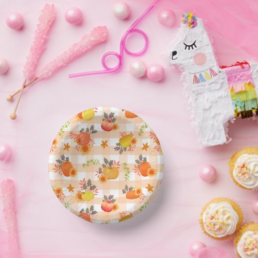 Pumpkin Erntedank Gingham Peach Pappteller (Party)