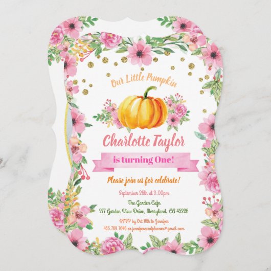 Pumpkin erste Geburtstag Foto Einladung Rosa (Vorne/Hinten)