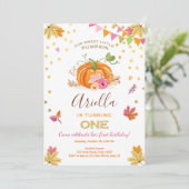 Pumpkin Erste Geburtstagseinladung Herbst Pink Einladung (Stehend Vorderseite)
