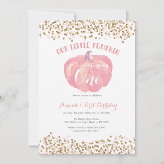Pumpkin erste Geburtstagseinladung Pink und Gold Einladung (Vorderseite)