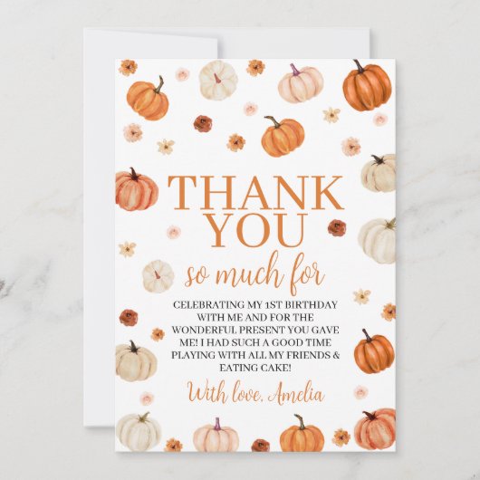 Pumpkin Ersten Geburtstag Danke Karte (Vorderseite)