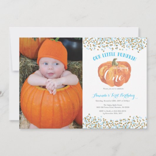 Pumpkin ersten Geburtstag Einladung Blau und Gold (Vorderseite)