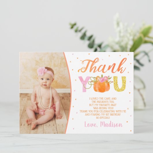 Pumpkin ersten Geburtstag Vielen Dank Karten (Stehend Vorderseite)