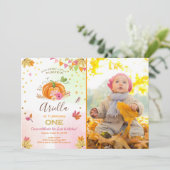 Pumpkin Erster Geburtstag Einladung Herbst Pink (Stehend Vorderseite)