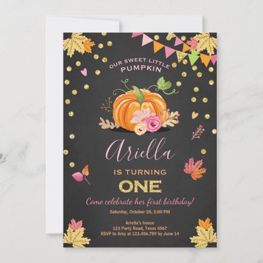 Pumpkin Erster Geburtstag Einladung Herbst Pink (Vorderseite)
