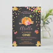 Pumpkin Erster Geburtstag Einladung Herbst Pink (Stehend Vorderseite)