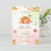 Pumpkin Erster Geburtstag Einladung Herbst Pink (Stehend Vorderseite)