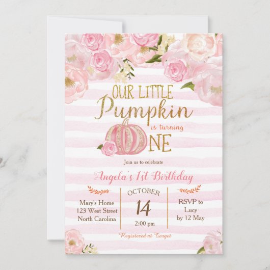 Pumpkin Erster Geburtstag Einladung Mädchen (Vorderseite)