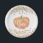 Pumpkin Erstgeburtsch Pink und Gold Paper Teller<br><div class="desc">Pumpkin Fall First Birthday Party Paper Teller. Rosa und Gold Glitzer Confetti Hintergrund.</div>