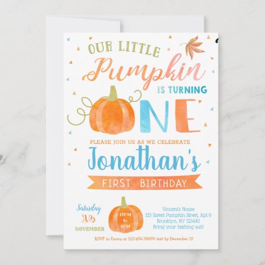 Pumpkin Erstgeburtstag Einladungen für Junge 1. (Vorderseite)