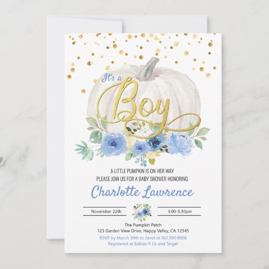 Pumpkin Es ist ein Baby Dusche Blue Einladung (Vorderseite)