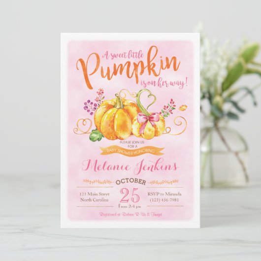 Pumpkin Fall Baby Dusche Einladung (Stehend Vorderseite)