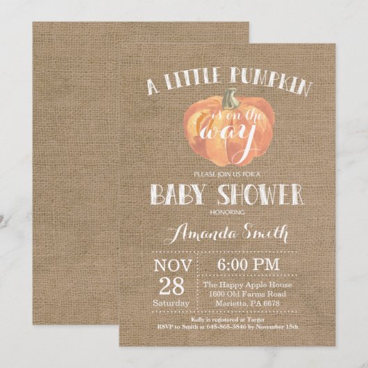 Pumpkin Fall Baby Dusche Einladung Burlap (Vorne/Hinten)