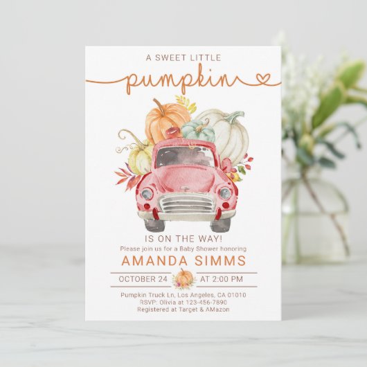 Pumpkin Fall Baby Dusche Einladung Red Truck (Stehend Vorderseite)